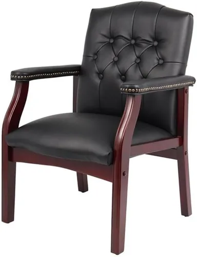 Vista 7 de Pemberly Row Silla de invitados tradicional de piel sintética, tapicería negra, base de madera de caoba con clavos de latón antiguo, 24.5 x 27 x