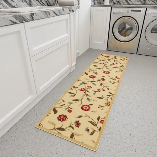 Vista 13 de Ottomanson, colección OttoHome, tapete para corredor con diseño azul claro y damasco (antiderrapante), parte trasera de goma Floral Beige