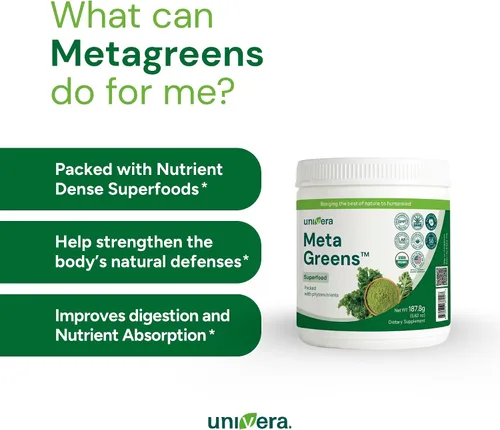 Vista 3 de Univera Metagreens, polvo de mezcla de superalimentos verdes, mezcla de batidos con espirulina orgánica, antioxidantes vitales, alcalinizar