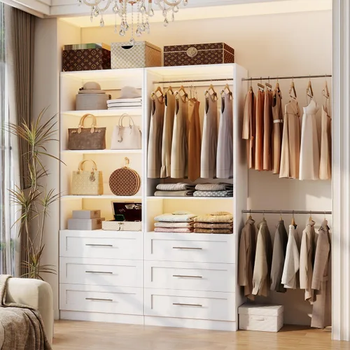 Vista 2 de Sistema de armario con 6 cajones, sistema organizador de armario de madera de 48", sistema de armario para vestidor o armario pequeño con estantes
