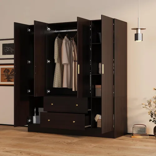 Vista 4 de AGOTENI Armario grande para dormitorio con 1 espejo y 2 cajones, armario de 70.9 pulgadas de alto con puertas y estantes, barra para colgar