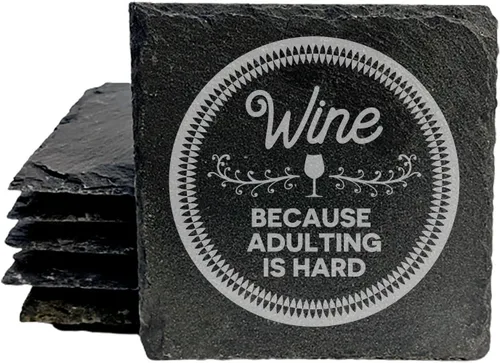Vista 26 de Rustic Drinking Wine is My Hobby Slate Coasters Set of 8 – Round – USA Made Witty wine lover’s motto engraved on real slate coasters — “drinking