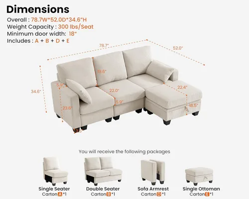Vista 2 de CHIC HOUSE Sofá modular modular con otomanas de almacenamiento, sofá de pana para espacios pequeños y apartamentos, sofá esquinero convertible