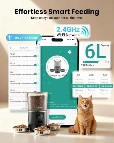 Vista 5 de Alimentador Automático para Gatos para 3 Gatos, Dispensador de Comida para Gatos de 6L/25 Tazas con Fuerte Sistema Anti-Atasco, Desecante de Doble