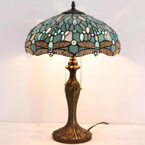 Vista 6 de WERFACTORY Tiffany Lámpara de mesa de noche de cristal azul mar, lámpara de mesa estilo libélula luz de lectura de escritorio, base de metal, 16 x