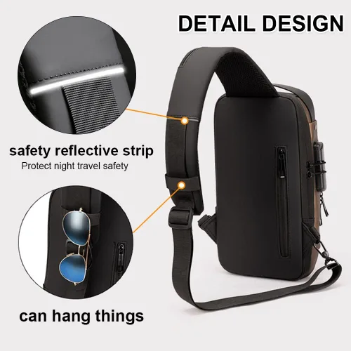 Vista 5 de Bolso bandolera antirrobo, bolsa de pecho impermeable con carga USB, Gris