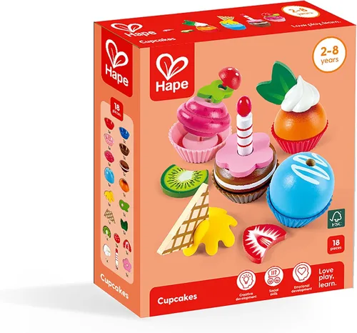 Vista 7 de Hape Cupcakes Magdalenas de madera coloridas, juguete de cocina para niños