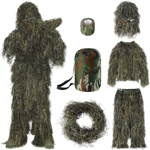 Vista 10 de Seeutek Traje Ghillie 5 en 1 – Trajes de caza de camuflaje 3D – chaqueta, pantalones, capucha, bolsa de transporte para adultos y jóvenes, M/L