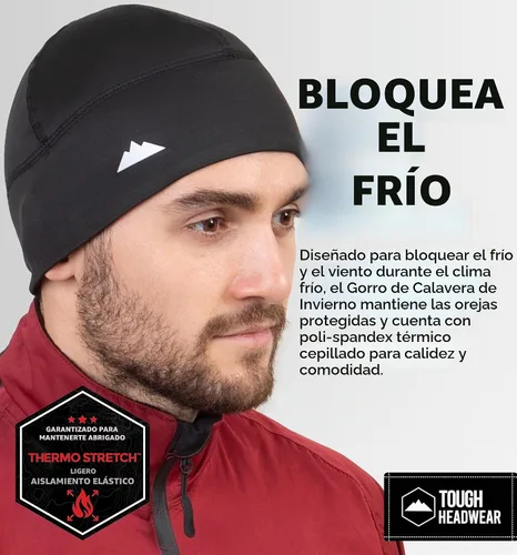 Vista 2 de Tough Headwear Thermal Skull Cap - Moisture-Wicking Running Beanie - Wind-Blocking Cycling Cap - 4-Way Stretch Beanie for Men Negro