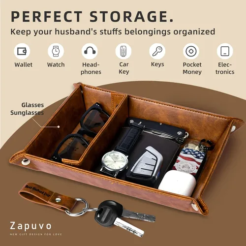 Vista 2 de ZAPUVO Bandeja y llavero de piel sintética para el mejor marido, regalos únicos de San Valentín, aniversario, cumpleaños de esposa, ideas de regalo