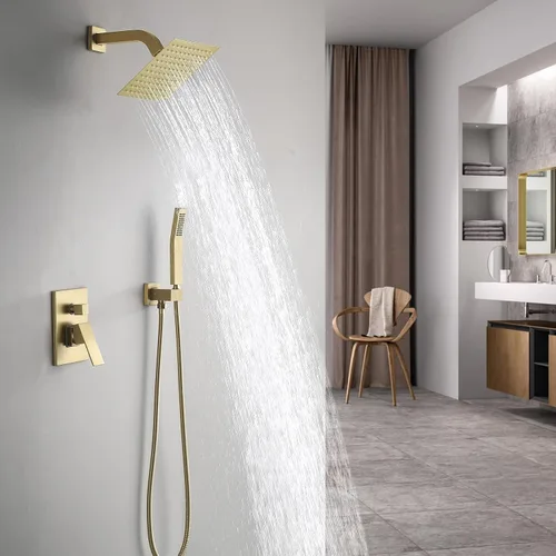 Vista 2 de JOYWELL - Grifo de ducha dorado cepillado, cabezal de ducha de 8 pulgadas Accesorios de ducha de equilibrio de presión de 2 funciones,Pulverizador