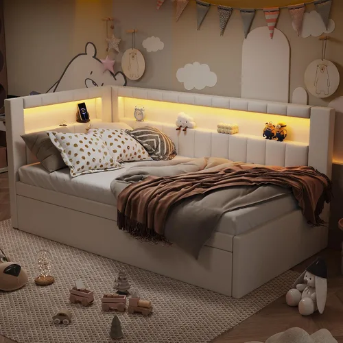 Vista 5 de Cama de plataforma tapizada de tamaño individual con puertos USB y luces LED, sofá cama con nido y cabecera en forma de L, cama esquinera suave