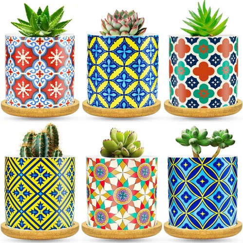 Vista 7 de Maceta de mandala para suculentas con orificio de drenaje y posavasos de bambú, macetas pequeñas, maceta de cerámica bohemia para plantas pequeñas A