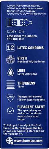 Vista 14 de Preservativos ultrafinos, acanalados, punteados con lubricante retardante, Durex Performax Intense - Preservativos de látex de goma natural, 12
