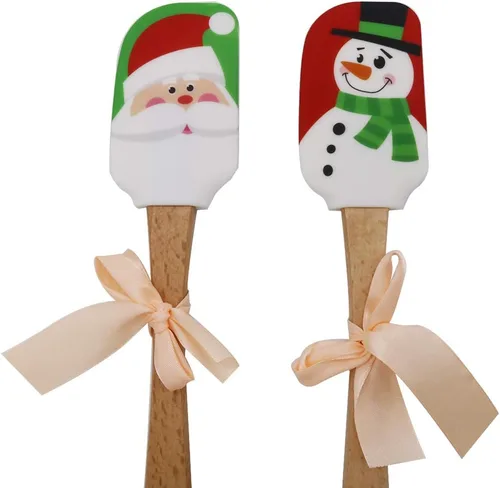 Vista 2 de Espátula de silicona de Navidad, juego de 2, espátula grande de Papá Noel y muñeco de nieve con mango de madera, ideal para decoración de Navidad