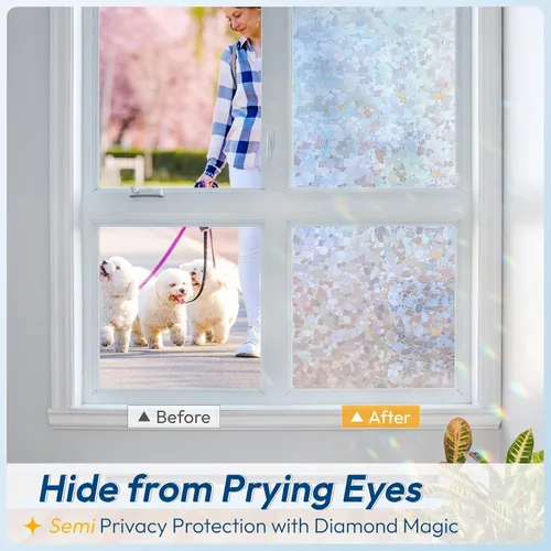Vista 72 de rabbitgoo - Película de privacidad para ventanas con diseño de arco iris y vidrio manchado, patrón de diamante, calcomanía no adhesiva con tinte