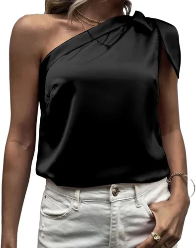 Vista 2 de Rooscier Blusa de oficina elegante de gasa con nudo de lazo y un hombro para mujer