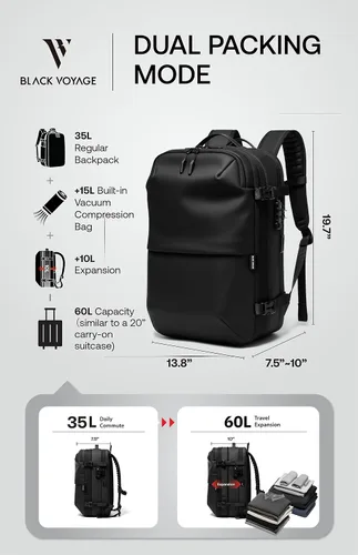 Vista 6 de BlackVoyage Vortex Vacuum Seal Travel Backpack 60L Expandable Air Compression System Water Resistant TSA Lock Carry-On