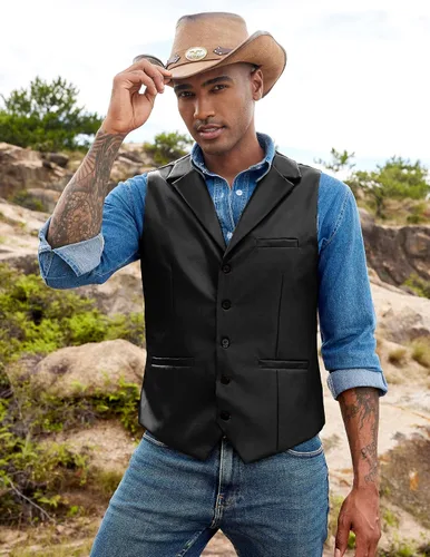 Vista 2 de COOFANDY Chaleco de Traje de Cuero para Hombre de Corte Ajustado Chaleco Occidental Casual Chaqueta Chaleco Ligero con Cuello en V Chalecos