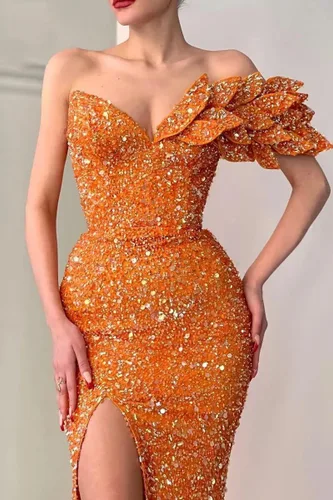 Vista 2 de Vestidos de fiesta de sirena con lentejuelas para mujer, vestido de dama de honor brillante con un hombro, largo con abertura, vestido de noche