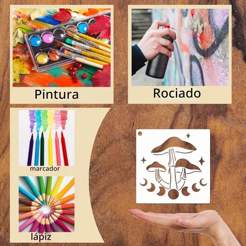 Vista 4 de 20 piezas de plantillas de hongos, plantillas reutilizables de hongos de estilo bohemio, luna y flores para pintar en madera, lienzo, azulejos