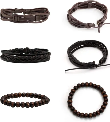 Vista 2 de MILAKOO 6 pulseras de cuero trenzado punk para hombres y mujeres, pulseras ajustables