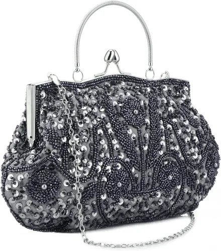 Vista 2 de Vistatroy Bolso de noche de diseño floral con cuentas con diseño de lentejuelas vintage cierre de beso bolso de mano de satén bolso de mano