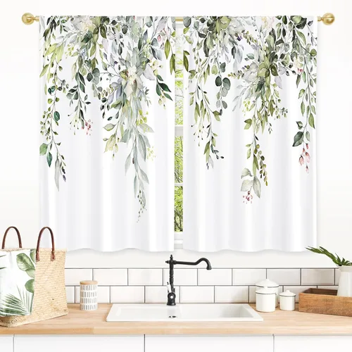 Vista 4 de Gibelle Cortinas de cocina rústicas de eucalipto estilo granja boho florales botánicas de salvia hojas verdes pequeñas y cortas para ventanas
