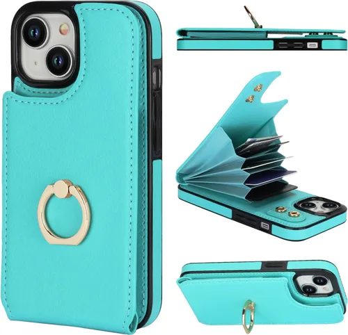 Vista 13 de Folosu Compatible con iPhone 15 Funda cartera con tarjetero con rotación de 360°, soporte de anillo de dedo con función atril, bloqueo RFID, de Negro