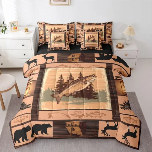 Vista 93 de Feelyou Juego de edredón de ciervo con sábanas – Tamaño Queen 7 piezas Juego de ropa de cama infantil de caza rústica – Cama de ciervo de cabaña