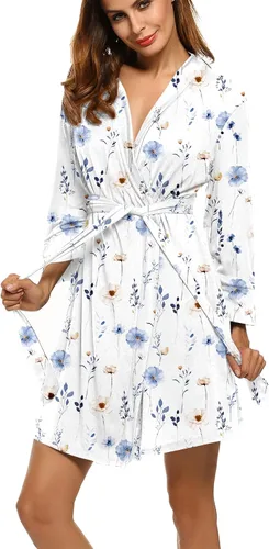Vista 12 de HOTOUCH - Bata ligera de punto corta para mujer, bata de baño suave con bolsillos, ropa de dormir para damas