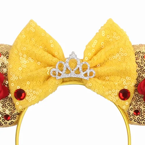 Vista 2 de Foeran Diadema de orejas de ratón, diadema de lentejuelas con lazo para niños, adultos y mujeres, accesorios para fiesta de cumpleaños (tiara rosa)