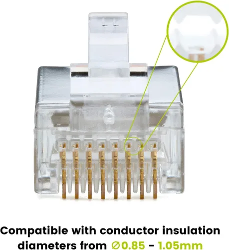 Vista 4 de TRUE CABLE Cat5e RJ45 conectores modulares de paso, conector de tierra interno blindado (STP), listado UL, EZ Crimp, chapado en oro, 3 clavijas
