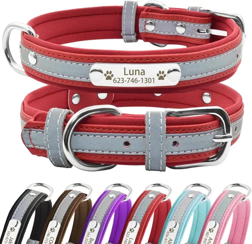 Vista 11 de Collares reflectantes personalizados para perros con acolchado de neopreno, collar de perro grabado personalizado con placa de nombre para perros