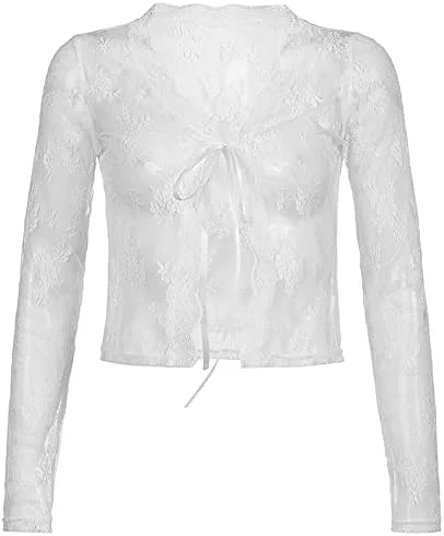 Vista 3 de KnniMorning TEES Las mujeres elegantes de encaje Cardigan de manga larga ver a través de la blusa de malla de hombros escarpados atan las camisetas