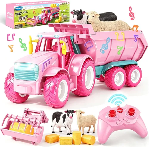 Vista 8 de Funwee Juego de juguete de tractor de granja RC con cargador, remolque y Verde brillante