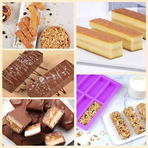 Vista 6 de Moldes rectangulares de silicona para barra de granola (8 cavidades), molde para hornear barras de chocolate de 1 pulgada de profundidad