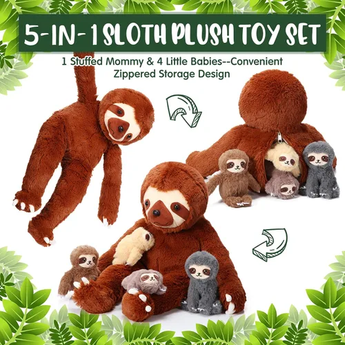 Vista 3 de Kasyat Juego de 5 juguetes de peluche de perezoso de 13 pulgadas con 4 lindos peluches de bebé en vientre con cremallera para niños, regalos