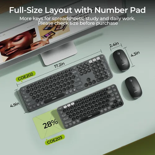 Vista 5 de seenda COE202 - Combo de teclado y mouse Bluetooth, teclas redondas retro, color negro Retro silent keyboard and mouse connects to 3 devices