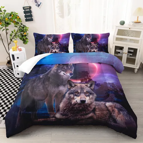 Vista 24 de AILONEN Juego de edredón con cabeza de lobo impresa tamaño individual, juego de ropa de cama de lobo para la noche para niños y hombres, juego