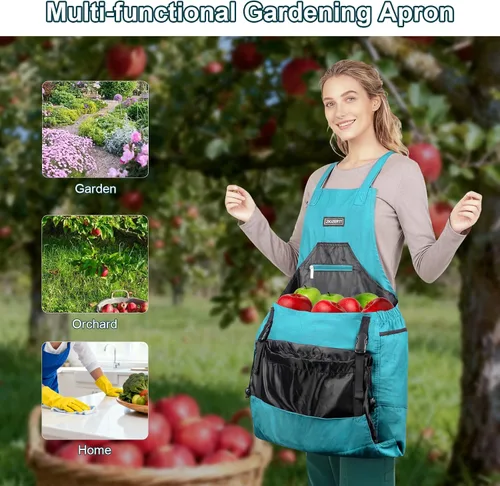 Vista 5 de Delantal de jardín, delantales de cosecha con bolsa de cordón y bolsillos para mujeres y hombres, delantal de lona para recolección de frutas