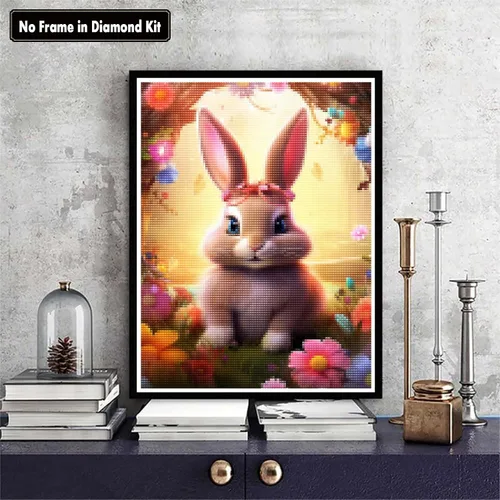 Vista 2 de Zariocy Kits de arte de diamantes 5D para adultos, conejo, pintura de diamantes de bricolaje, arte de animales, flores redondas, taladro completo