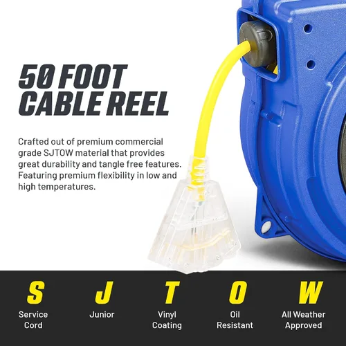 Vista 3 de Carrete de extensión Goodyear resistente, 40 pies, 12AWG/3C SJTOW, triple con conector con luz LED