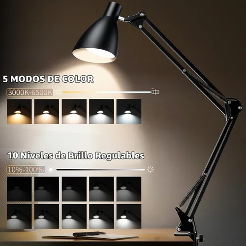 Vista 2 de Lámpara de escritorio con brazo oscilante con abrazadera, brazo ajustable con abrazadera LED en lámparas de escritorio con 5 modos de color y 10