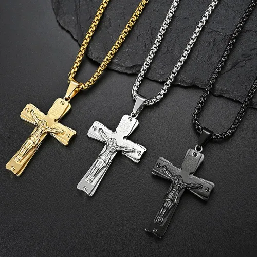 Vista 3 de Collar con colgante de cruz de oración del Señor de acero inoxidable con crucifijo de Jesucristo y versículo bíblico para hombresniñosmujeres