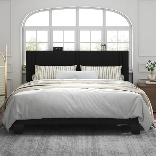 Vista 16 de Feonase Marco de Cama de Plataforma de Tamaño Completo, Marco de Cama Tapizado en Tela con Respaldo Alado, Listones de Madera Maciza y Soporte