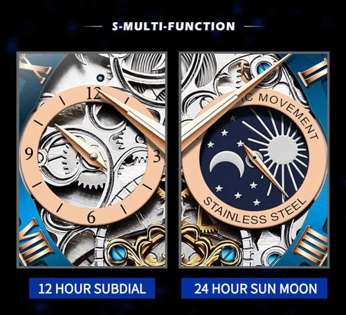 Vista 4 de OLEVS Relojes automáticos para hombre, esqueleto Tourbillon, cuerda automática, mecánica, correa de cuero auténtico, reloj de pulsera de lujo, sol