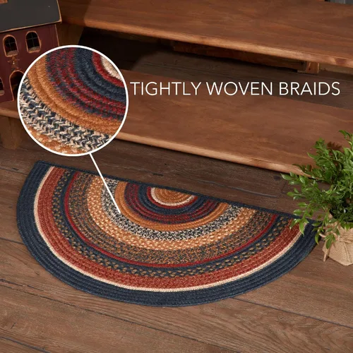 Vista 3 de VHC Brands Stratton Primitive - Alfombra decorativa de yute azul y rojo a rayas para entrada, cocina, baño, decoración rústica, medio círculo, 16.5