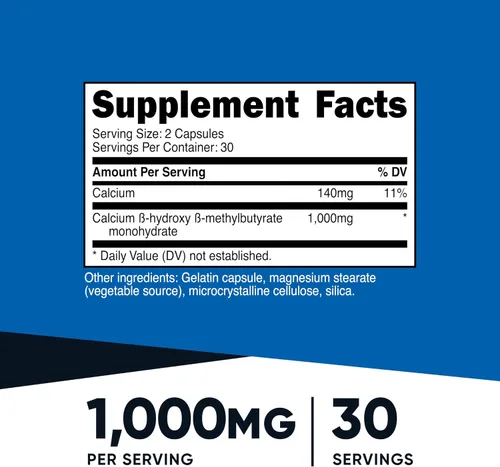 Vista 2 de Nutricost HMB (As Calcio Beta-hidroxi beta-metilbutirato) 1,000 mg, 60 cápsulas – 500 mg por cápsula, sin OMG, sin gluten, 30 porciones