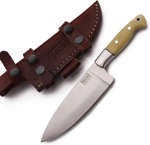 Vista 3 de Cuchillo de chef de acero con mango de hueso hecho a mano GCS D2 con funda de cuero, hoja de espiga completa diseñada para caza y EDC GCS 179